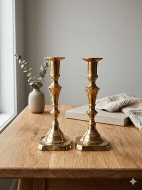 Vintage Brass Candlesticks Pair Tall Spindle Hexagonal Base MCM Gold Heavy 8"